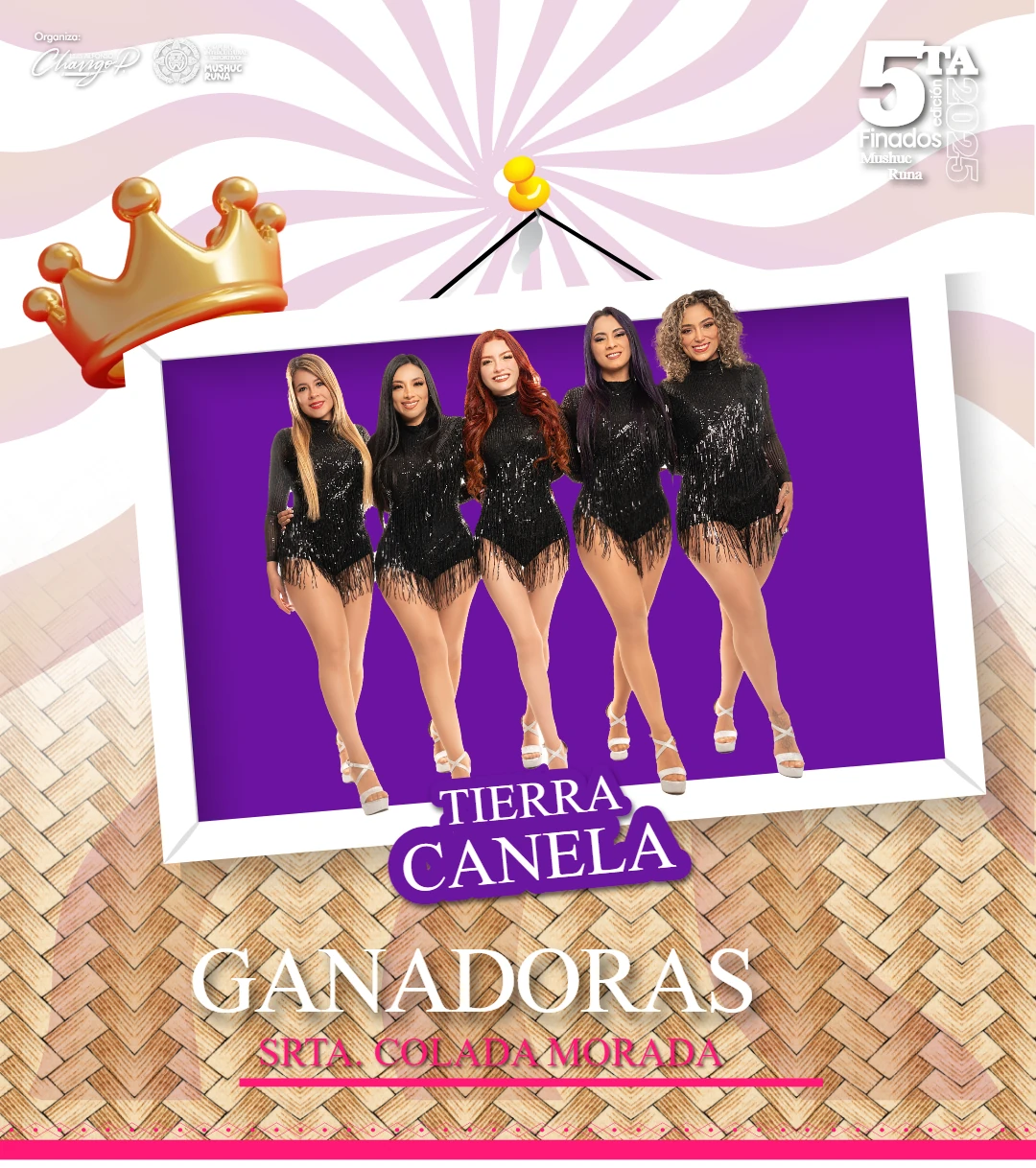 Arte oficial de Tierra Canela, ganadoras de Señorita Colada Morada en Finados Mushuc Runa 2025
