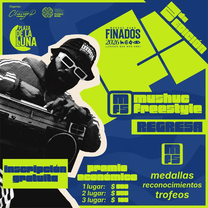 Arte oficial de Mushuc Freestyle 2026, 2da edición: inscripción gratuita, premios de 600, 250 y 100 dólares, medallas, reconocimientos y trofeos.