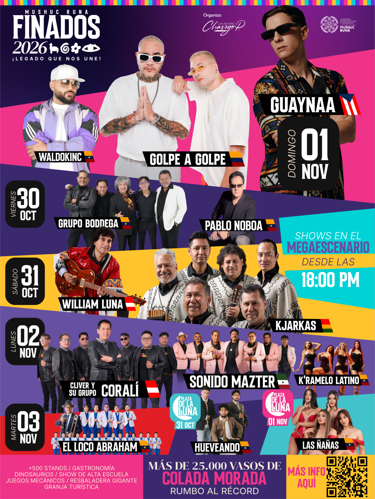 Cartel oficial de Finados Mushuc Runa 2026. Artistas, fechas, atractivos y código QR de información; programación en texto debajo.
