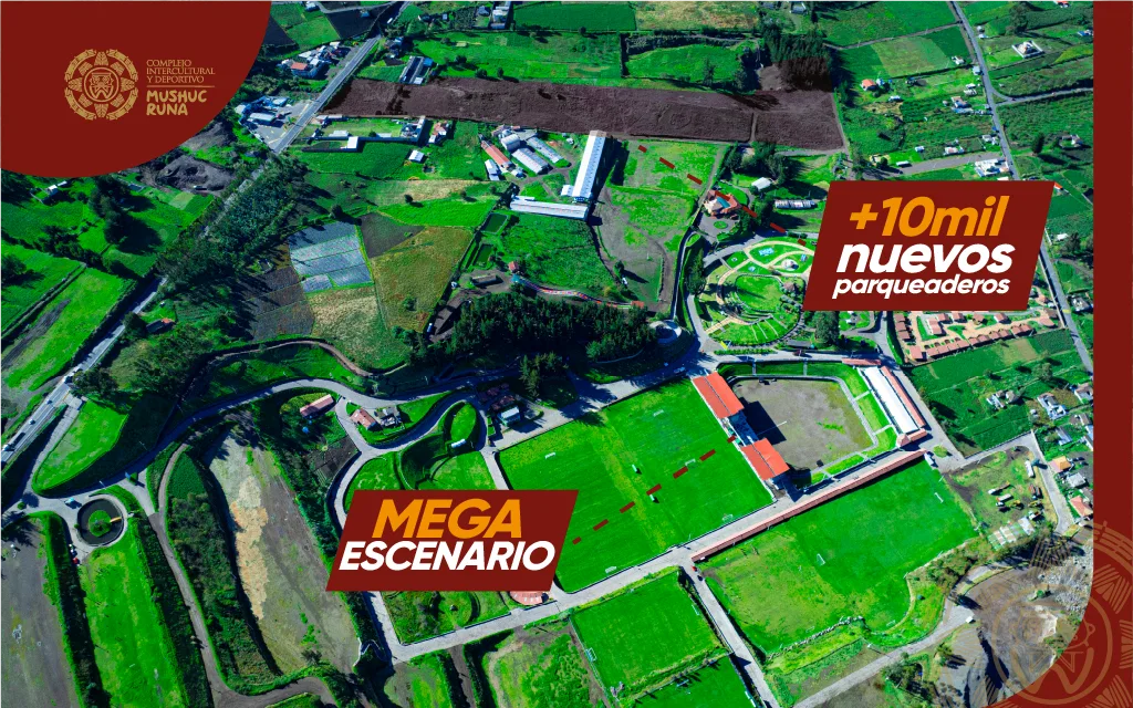 Vista aérea del Complejo Mushuc Runa con sus zonas de parqueadero y megaescenario
